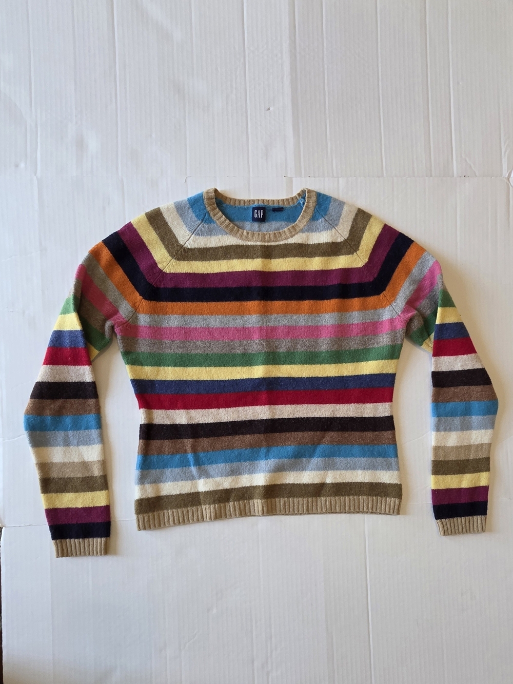 GAP 100% Lamb Wool Multicolor Striped knit Sweater Crewneck Preppy Fall Winter